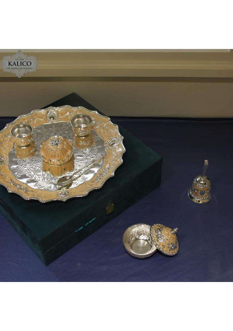 Kalico German Silver Pooja Thali with Box Set of 7 - Indya
