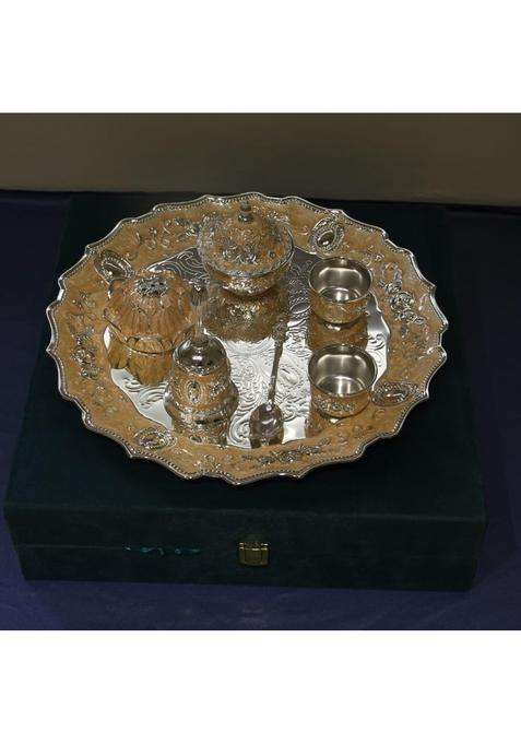 Kalico German Silver Pooja Thali with Box Set of 7