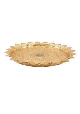 Indian ART Villa Pure Brass Pooja Decorative Thali Plate with Sathiya Floral Embossed Leaf Edge Design
