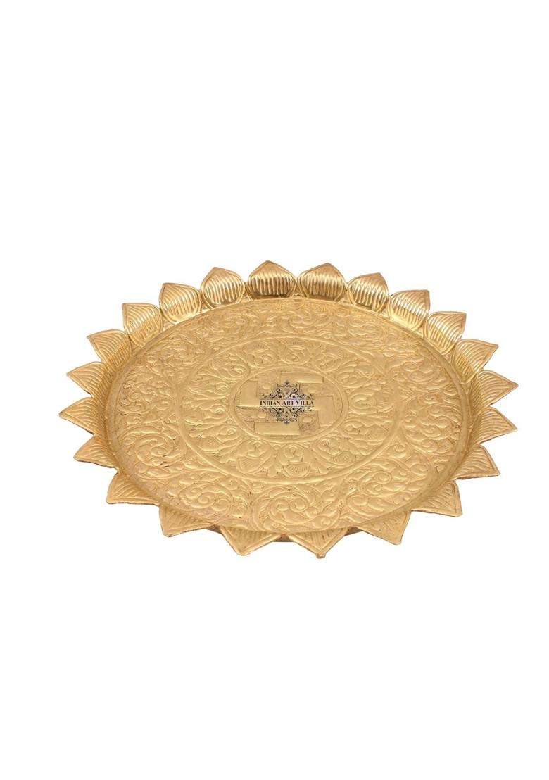 Indian ART Villa Pure Brass Pooja Decorative Thali Plate with Sathiya Floral Embossed Leaf Edge Design - Indya