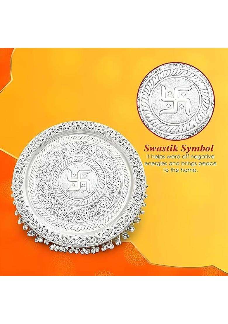 SHRI Kaila MAI Traders German Silver Pooja Aarti Thali with Full Ghungroo Layer Home Temple Mandir - Indya
