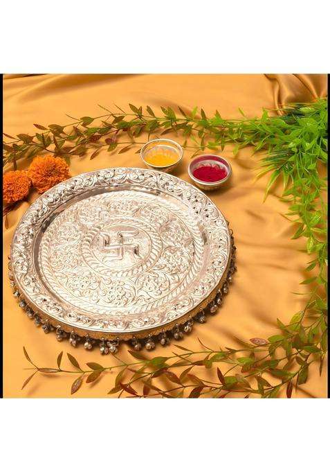 SHRI Kaila MAI Traders German Silver Pooja Aarti Thali with Full Ghungroo Layer Home Temple Mandir