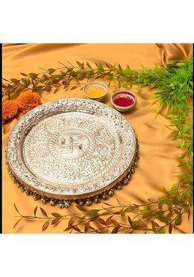 MLS Handicrafts German Silver Pooja Aarti Thali Diameter 10 with Full Ghungroo Layer Home Temple Mandir