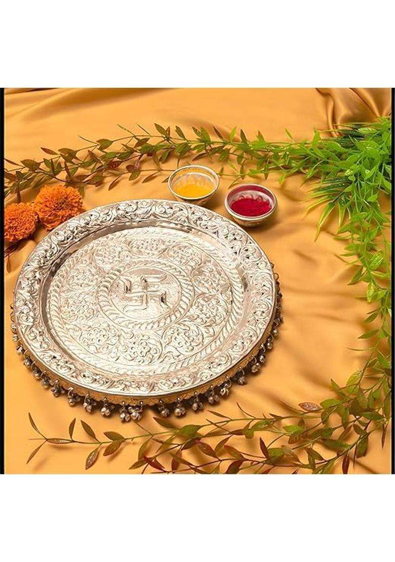 MLS Handicrafts German Silver Pooja Aarti Thali Diameter 10 with Full Ghungroo Layer Home Temple Mandir - Indya