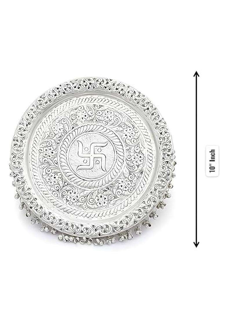 MLS Handicrafts German Silver Pooja Aarti Thali Diameter 10 with Full Ghungroo Layer Home Temple Mandir - Indya