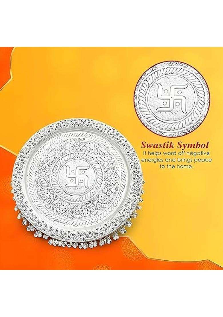 MLS Handicrafts German Silver Pooja Aarti Thali Diameter 10 with Full Ghungroo Layer Home Temple Mandir - Indya