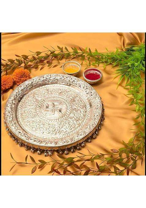 MLS Handicrafts German Silver Pooja Aarti Thali Diameter 10 with Full Ghungroo Layer Home Temple Mandir