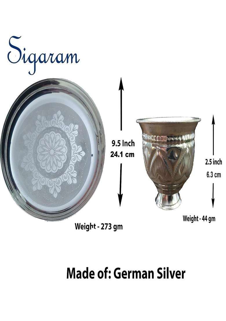 Sigaram German Silver Pooja Thali Set 9 and Half Inch Plate with Kum Cup 2 Cups 2 and Half Inch - Indya