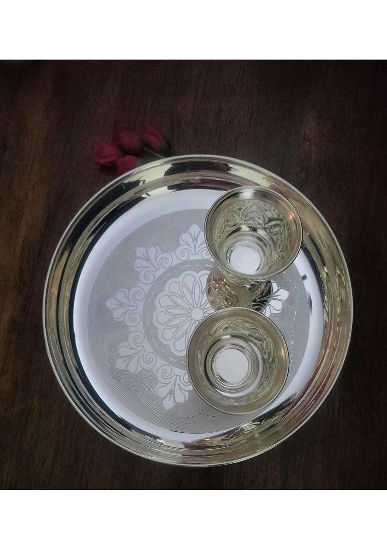Sigaram German Silver Pooja Thali Set 9 and Half Inch Plate with Kum Cup 2 Cups 2 and Half Inch - Indya