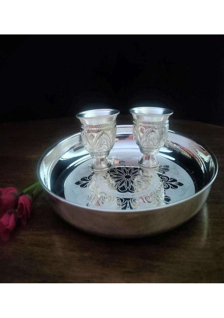 Sigaram German Silver Pooja Thali Set 9 and Half Inch Plate with Kum Cup 2 Cups 2 and Half Inch - Indya