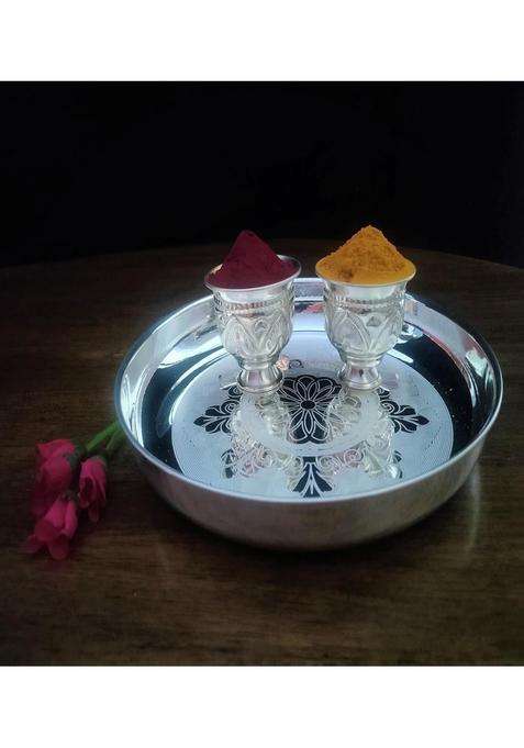Sigaram German Silver Pooja Thali Set 9 and Half Inch Plate with Kum Cup 2 Cups 2 and Half Inch