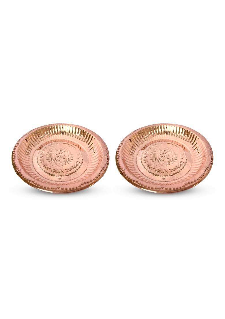 Dokchan Copper Om Plate for Pooja Home Decoration Temple Mandir Aarti Copper Pooja Thali Size 10IN Pack of 6 - Indya