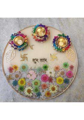Love and Lather 10 Inch Resin Puja Thali Aart Thali with Real Dried Flowers Diwali Thali Roli Chawal Platter