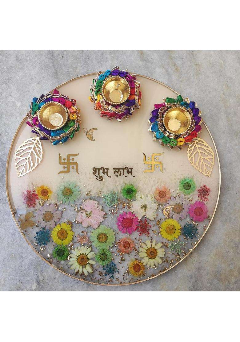 Love and Lather 10 Inch Resin Puja Thali Aart Thali with Real Dried Flowers Diwali Thali Roli Chawal Platter - Indya