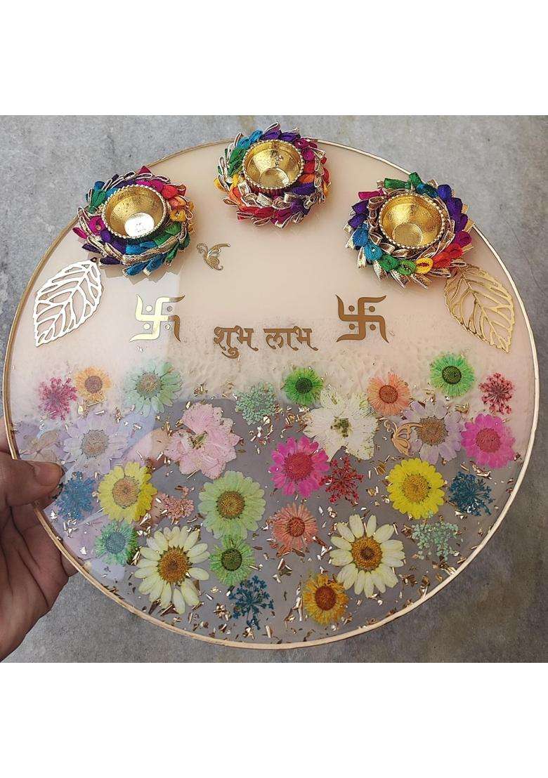 Love and Lather 10 Inch Resin Puja Thali Aart Thali with Real Dried Flowers Diwali Thali Roli Chawal Platter - Indya