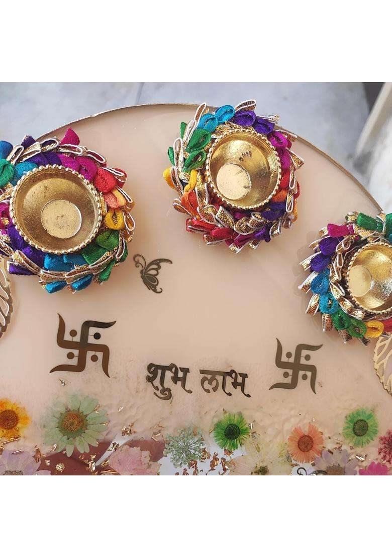 Love and Lather 10 Inch Resin Puja Thali Aart Thali with Real Dried Flowers Diwali Thali Roli Chawal Platter - Indya