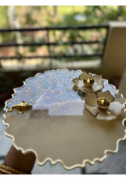 Resin Shyama Craft Fully Handmade and Customizable 3D Flowers Round Pooja Thali White