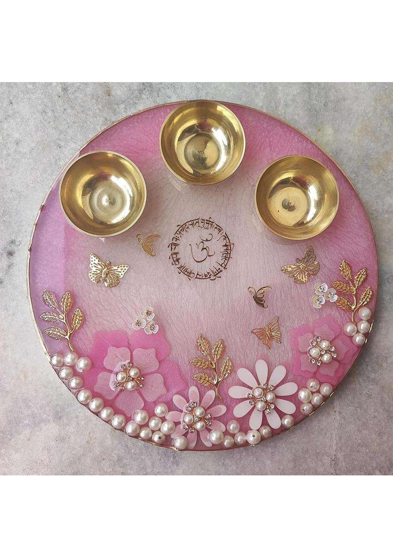 Love and Lather 10 Inch Resin Puja Thali Aart Thali with Brass Bowls Diwali Thali Roli Chawal Platter Raksha - Indya