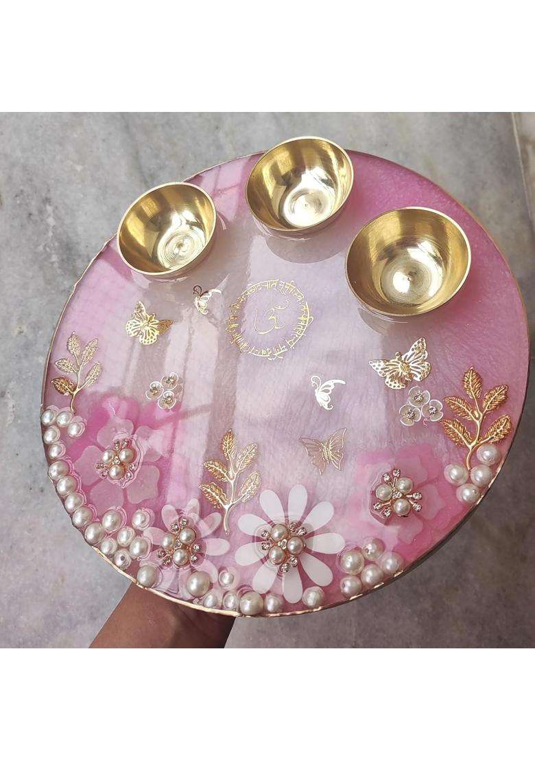 Love and Lather 10 Inch Resin Puja Thali Aart Thali with Brass Bowls Diwali Thali Roli Chawal Platter Raksha - Indya