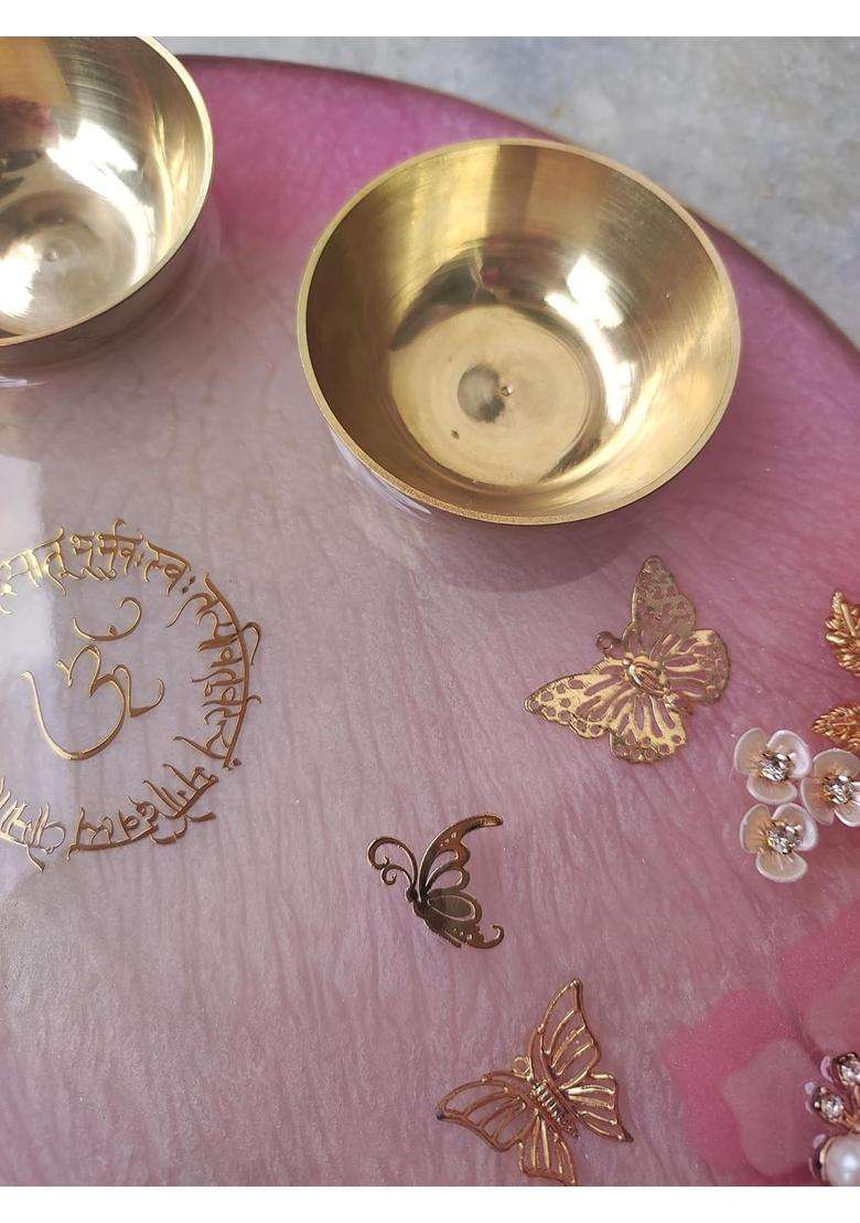Love and Lather 10 Inch Resin Puja Thali Aart Thali with Brass Bowls Diwali Thali Roli Chawal Platter Raksha - Indya