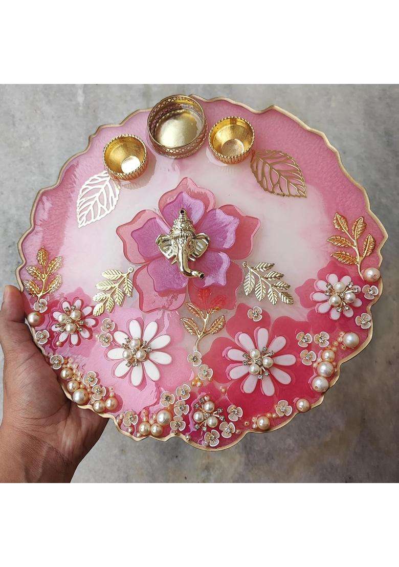 Love and Lather 10 Inch Resin Puja Thali Aart Thali for Wedding Diwali Thali Roli Chawal Platter Raksha - Indya