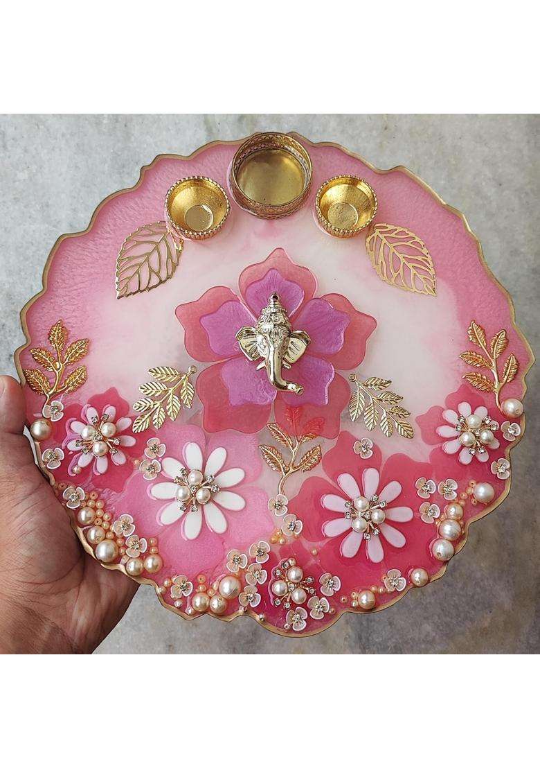 Love and Lather 10 Inch Resin Puja Thali Aart Thali for Wedding Diwali Thali Roli Chawal Platter Raksha - Indya