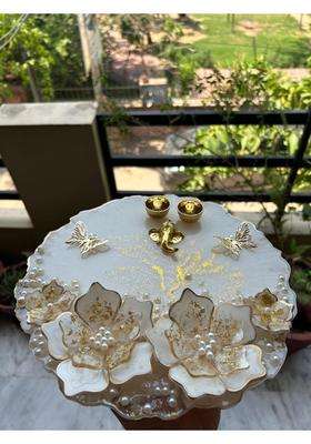 Shyama Craft White Luxury Resin 10 Inch 3D Floral Design Pooja Thali with Ganesh Idol and Roli Chawal Holders