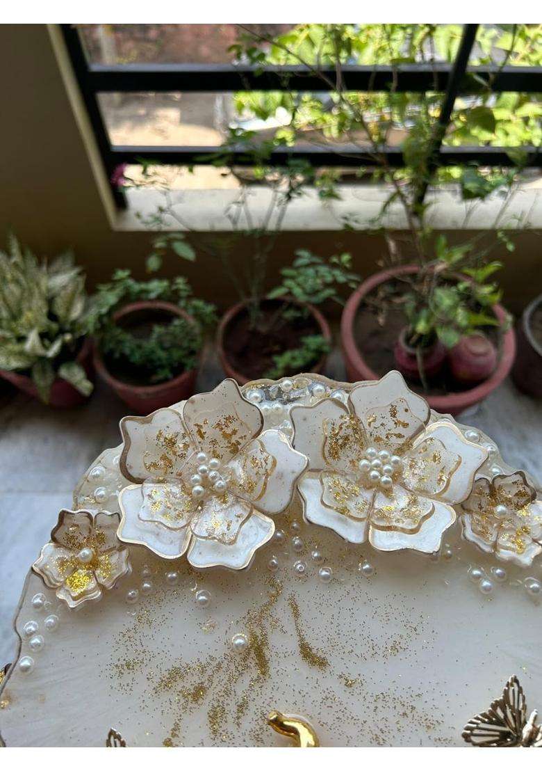 Shyama Craft White Luxury Resin 10 Inch 3D Floral Design Pooja Thali with Ganesh Idol and Roli Chawal Holders - Indya