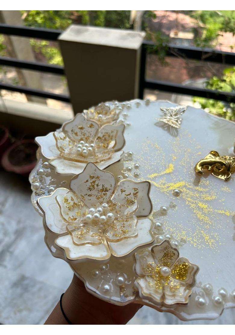 Shyama Craft White Luxury Resin 10 Inch 3D Floral Design Pooja Thali with Ganesh Idol and Roli Chawal Holders - Indya