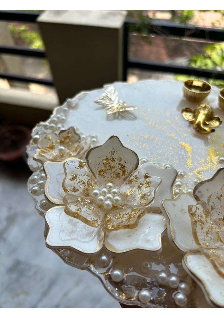 Shyama Craft White Luxury Resin 10 Inch 3D Floral Design Pooja Thali with Ganesh Idol and Roli Chawal Holders - Indya
