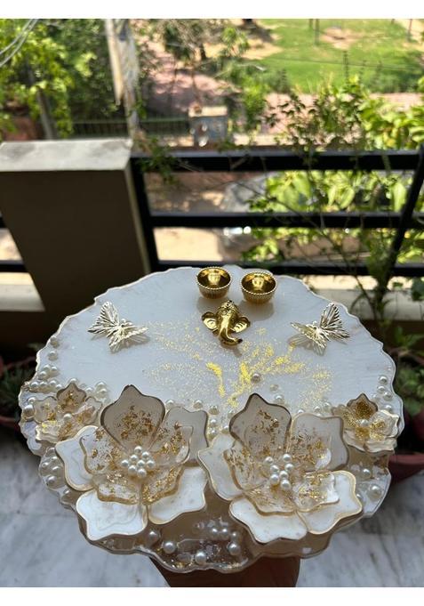 Shyama Craft White Luxury Resin 10 Inch 3D Floral Design Pooja Thali with Ganesh Idol and Roli Chawal Holders