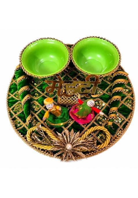 Green Handcrafted Platter Thali for Wedding and Mehendi Ceremony Decorative Mehendi Plate for Bride