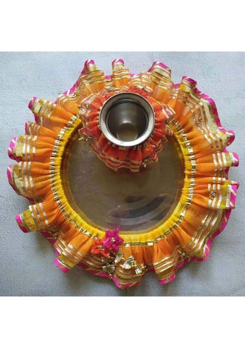 Brown Leaf Thali Lota Cover Frill for Pooja Ceremony Gota and Net Work Lota Frill for Shagun and Karva Chauth - Indya