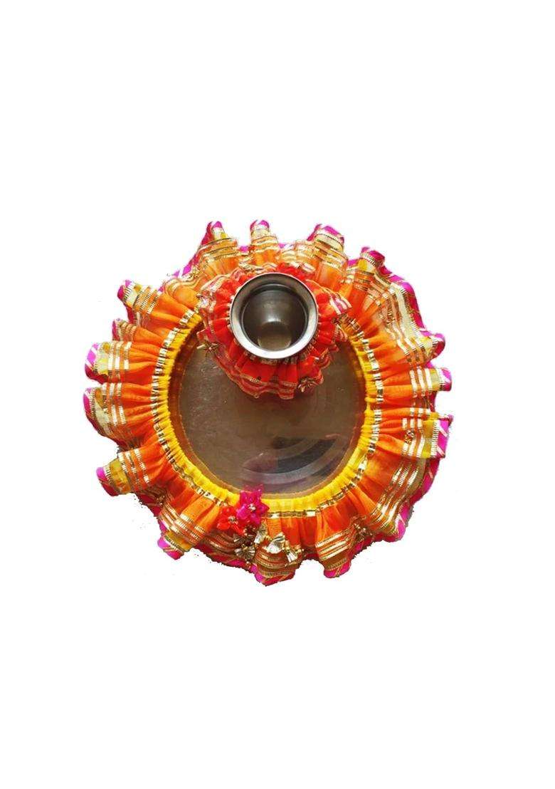 Brown Leaf Thali Lota Cover Frill for Pooja Ceremony Gota and Net Work Lota Frill for Shagun and Karva Chauth - Indya