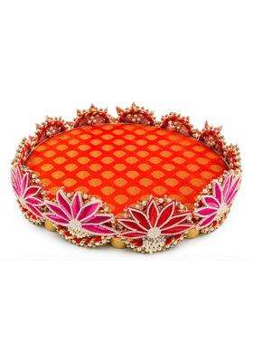 Decorative Wooden Pooja Thali Platter for Wedding Haldi Mehndi Orange pk1