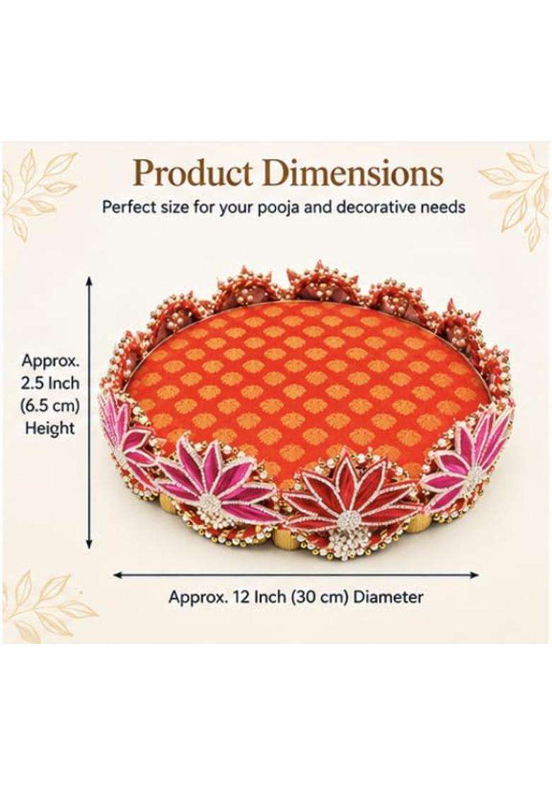 Decorative Wooden Pooja Thali Platter for Wedding Haldi Mehndi Orange pk1 - Indya
