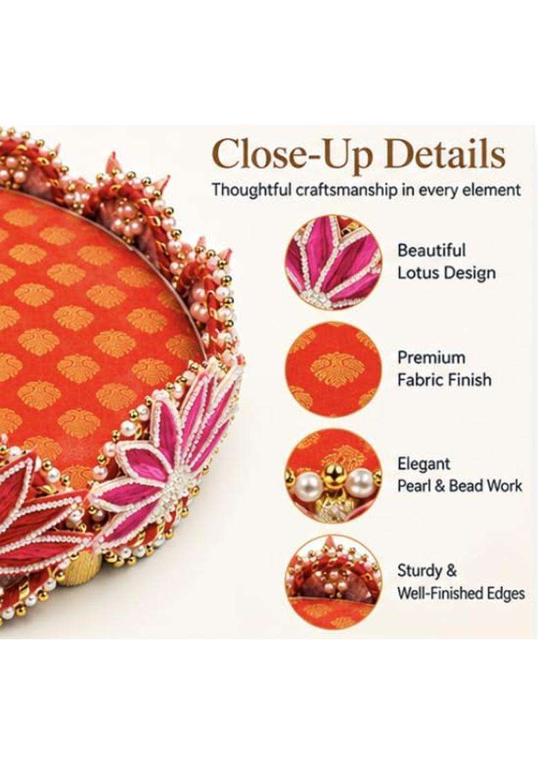 Decorative Wooden Pooja Thali Platter for Wedding Haldi Mehndi Orange pk1 - Indya