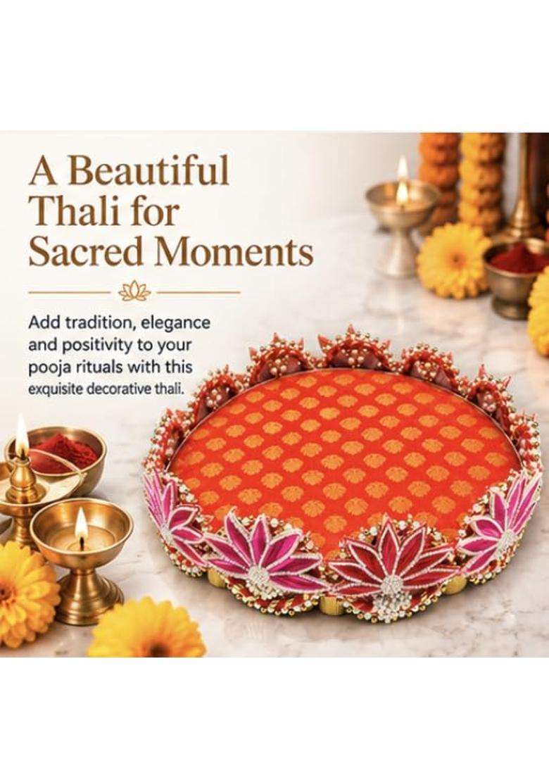 Decorative Wooden Pooja Thali Platter for Wedding Haldi Mehndi Orange pk1 - Indya