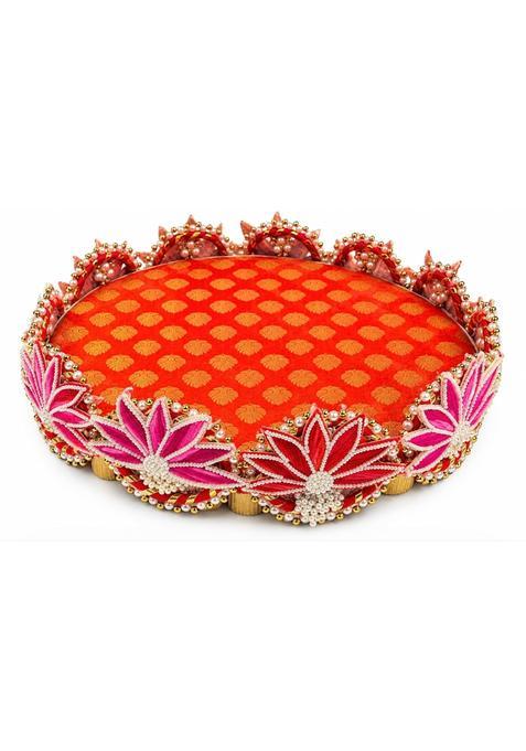 Decorative Wooden Pooja Thali Platter for Wedding Haldi Mehndi Orange pk1