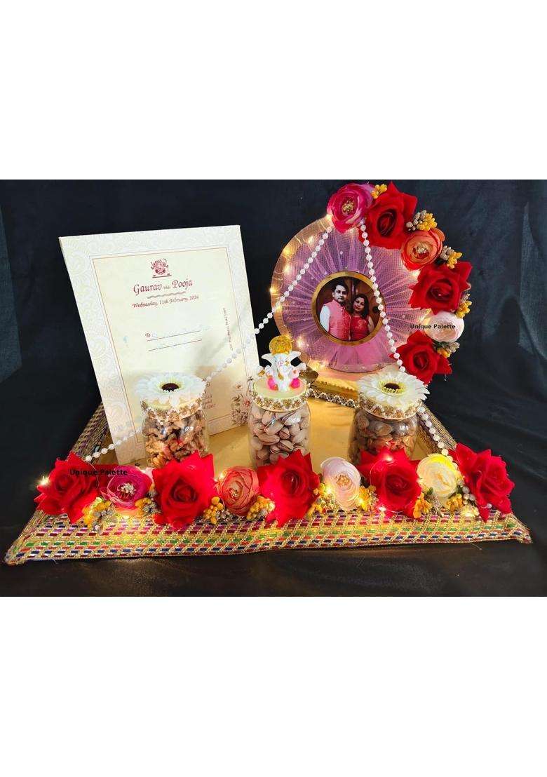 Unique Palette Lagan Patrika Wedding First Card Platter Decorative Tray with Couple Photo and Ganesha Ji - Indya