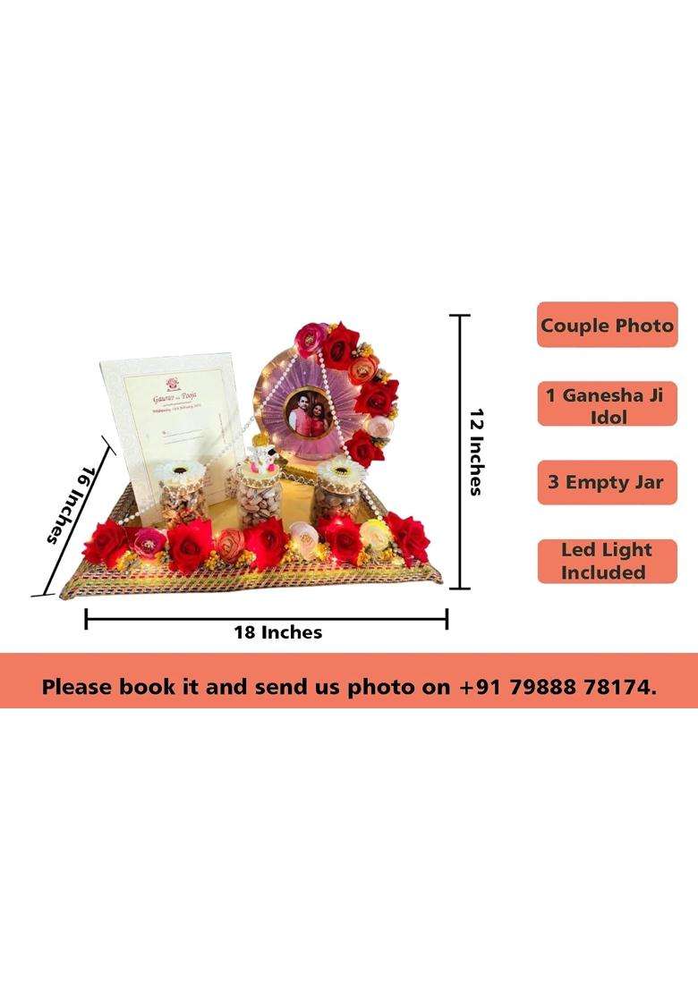 Unique Palette Lagan Patrika Wedding First Card Platter Decorative Tray with Couple Photo and Ganesha Ji - Indya