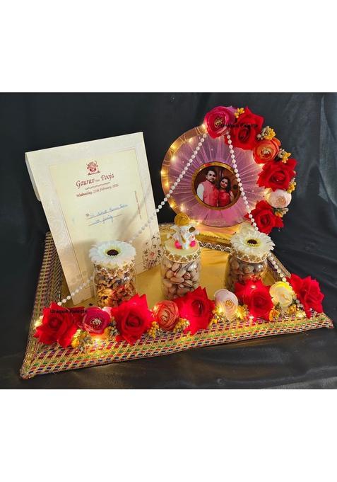 Unique Palette Lagan Patrika Wedding First Card Platter Decorative Tray with Couple Photo and Ganesha Ji