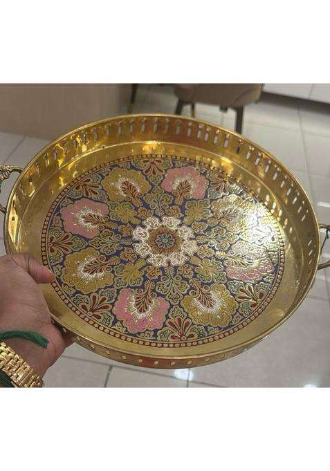 Pure Brass Diwali Puja Thali Serving Tray 12 Inches Floral Pattern with Beautiful Colour and Design