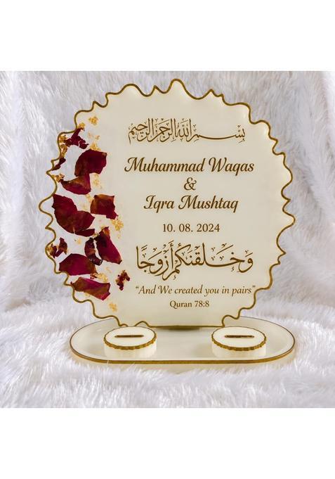 AARU TARU Craft White 10 Inch Customizable Personalized Islamic Wedding Ring Platter with Stand