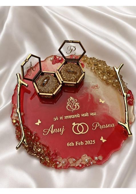 Prerna Creation Red Customized 10 Inch Resin Engagement Ring Platter with Handles and 2 Vintage Ring Box