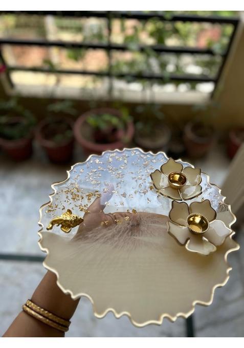 Shyama Craft Fully Handmade and Customizable 3D Flowers Pooja Thali White 2