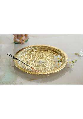 Indian ART Villa Pure Brass Pooja Decorative Thali Plate with Floral Embossed Petal Edge Design