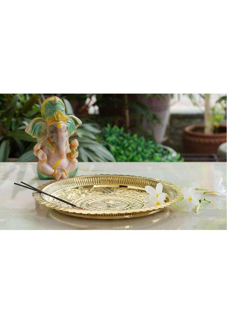 Indian ART Villa Pure Brass Pooja Decorative Thali Plate with Floral Embossed Petal Edge Design - Indya