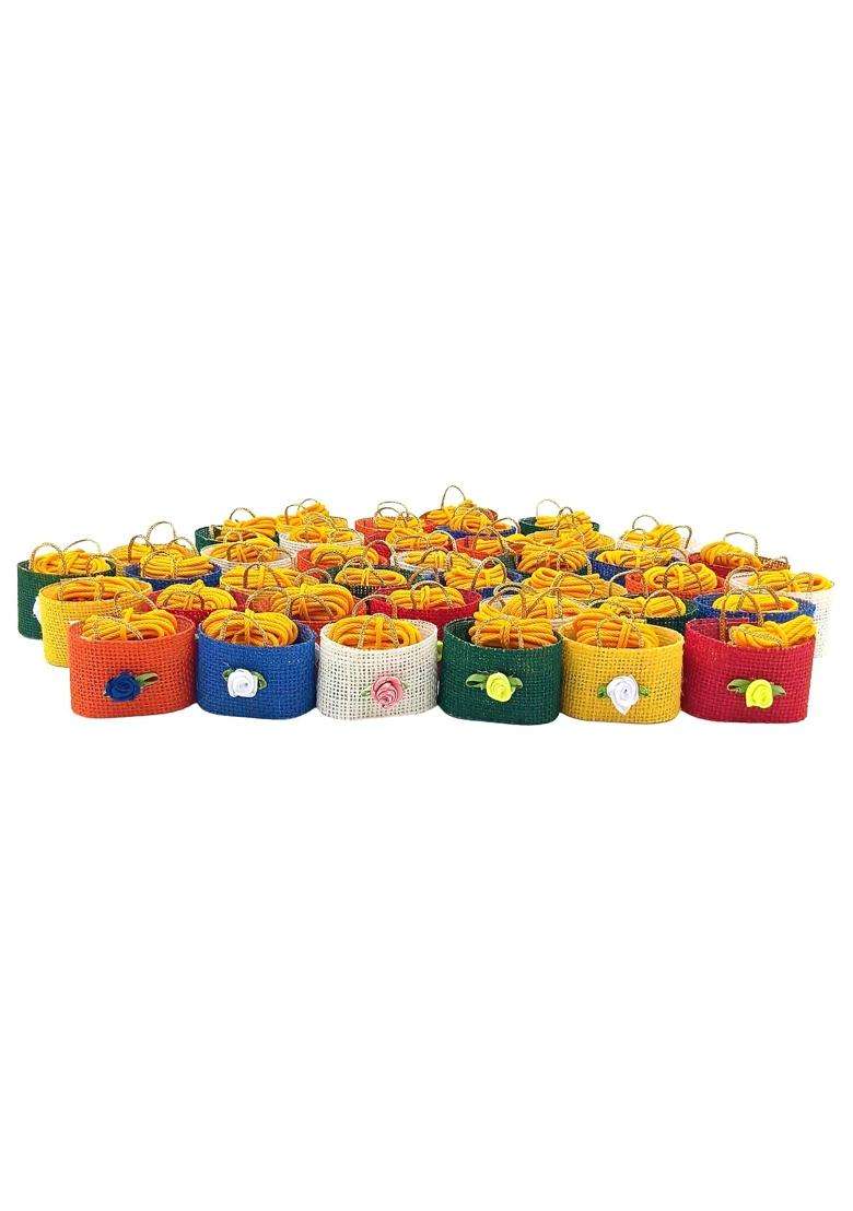 Soul Artisan Thamboolam Return Gifts in Mini Multicolor Jute Bag with Tilakam and Thali Pack of 50 - Indya