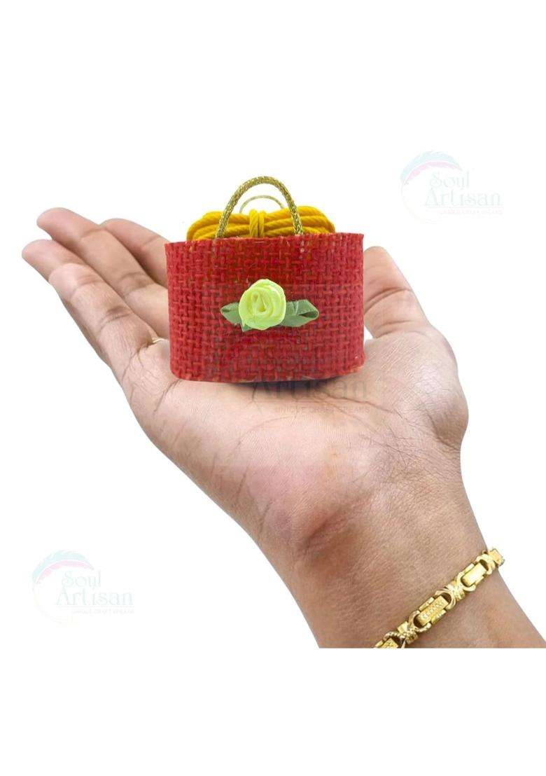 Soul Artisan Thamboolam Return Gifts in Mini Multicolor Jute Bag with Tilakam and Thali Pack of 50 - Indya